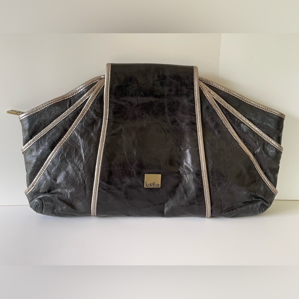 Kooba Josephine Clutch Handbag Black Lambskin Leather Silver Metallic Piping Bag